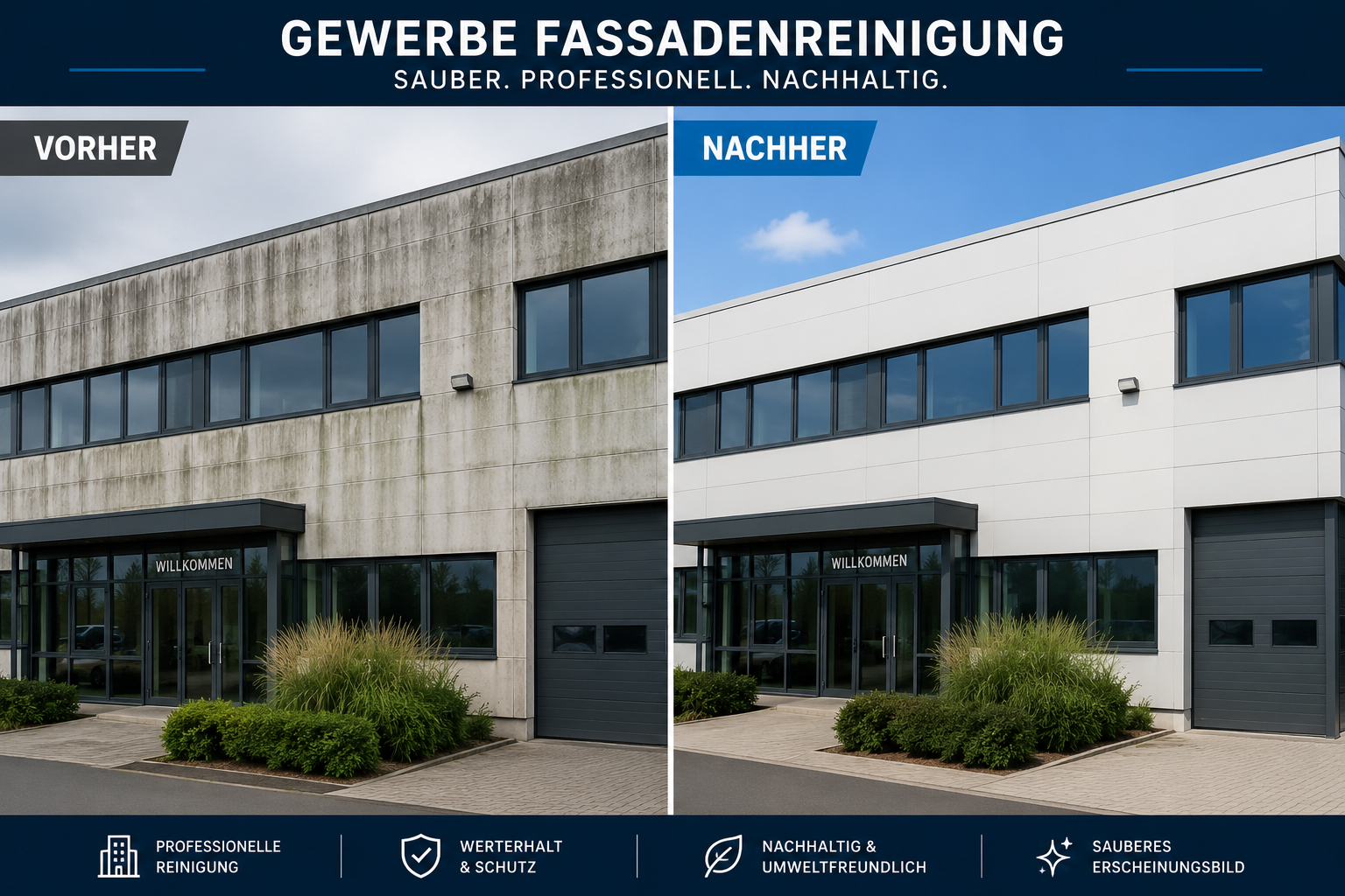 Frisch gereinigte weiße Putzfassade eines Einfamilienhauses