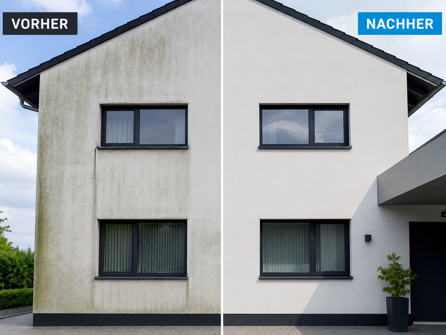 Fachkraft bei der Fassadenreinigung mit Niederdruckverfahren