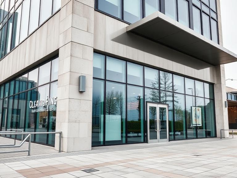 Modernes Gewerbeobjekt mit gereinigter Glas- und Steinfassade