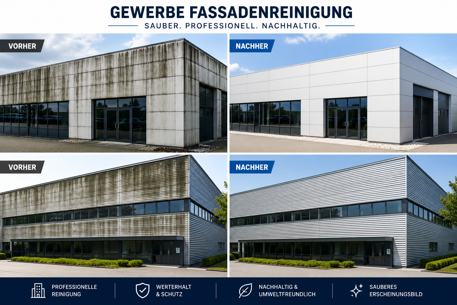 Gewerbefassade im Vergleich: verschmutzte und gereinigte Seite