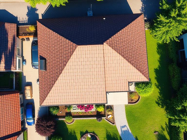 Luftaufnahme eines Hauses mit gepflegtem Dach