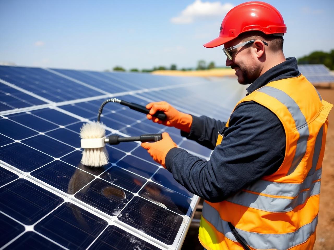 Fachkraft reinigt Solarmodule mit Teleskopbürste und entmineralisiertem Wasser