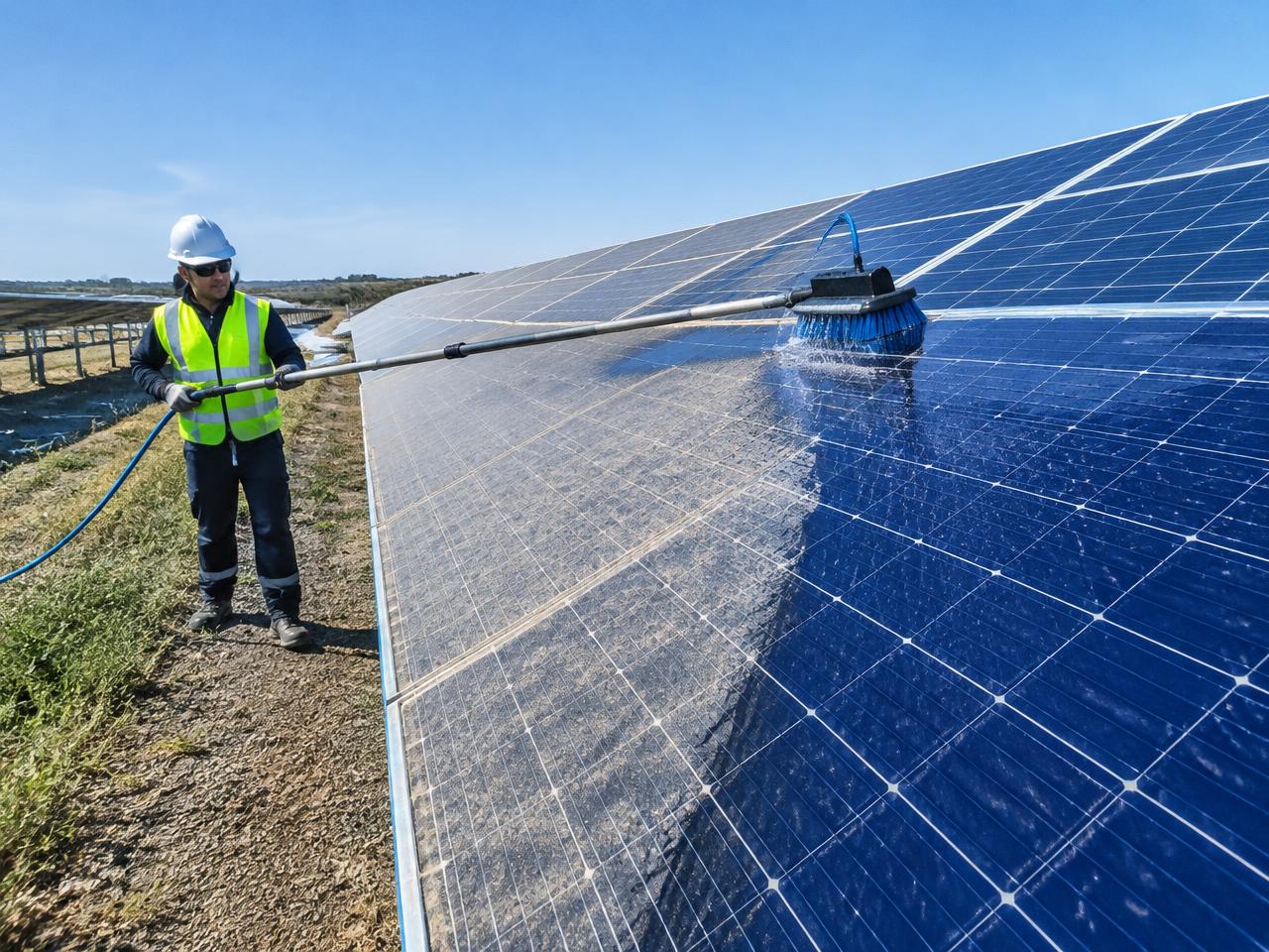 Fachkraft reinigt Solarmodule mit Teleskopbürste und entmineralisiertem Wasser