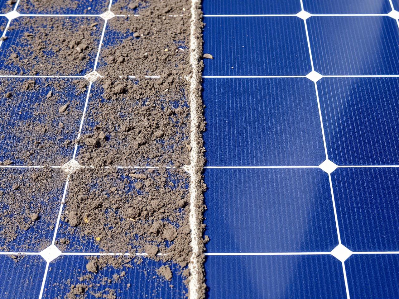 Verschmutztes Solarmodul im direkten Vergleich mit einer gereinigten Modulhälfte