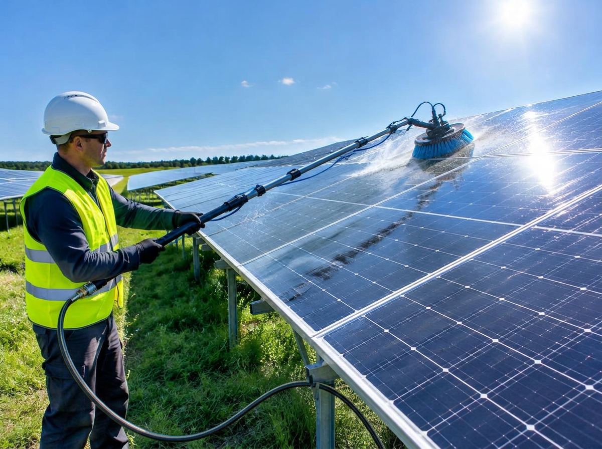 Fachkraft reinigt Solarmodule mit Teleskopbürste und Reinwasser