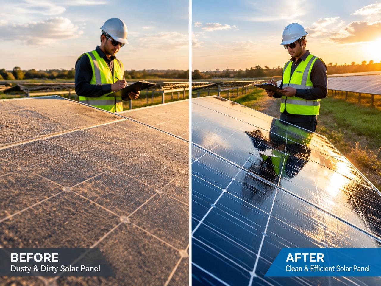 Vorher-Nachher-Vergleich: verschmutztes und gereinigtes Solarmodul