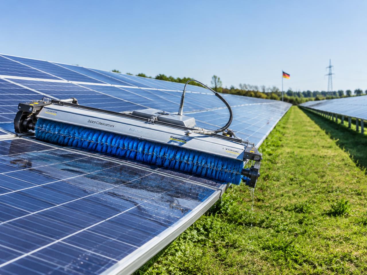 Reinigungsmaschine mit Walzenbürste auf einem Solarpark